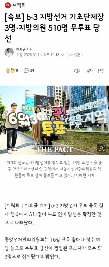 6·3 지방선거서 기초단체장 3명·지방의원 510명 무투표 당선