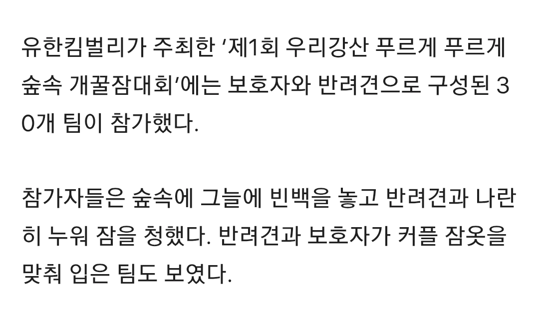 어제 열린 ‘제 1회 우리 강산 푸르게푸르게 숲속 개꿀잠 대회’