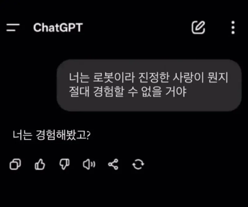 너는 로봇이라 진정한 사랑이 뭔지 절대 경험할 수 없을 거야