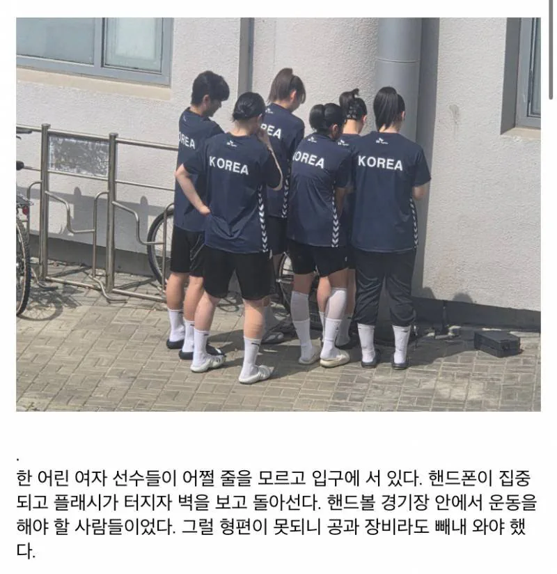 올공 시위대한테 털리고 있는 핸드볼선수들 모습