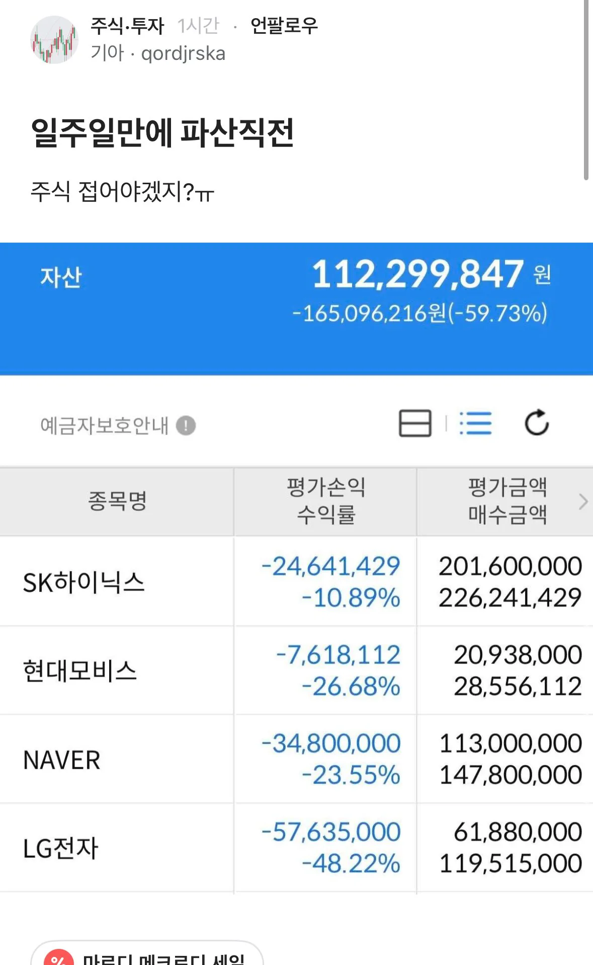 일주일만에 파산 직전