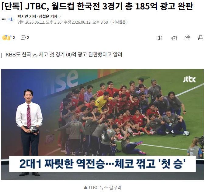 체코 꺾은 한국.. JTBC, 한국전 3경기 총 185억 광고 완판