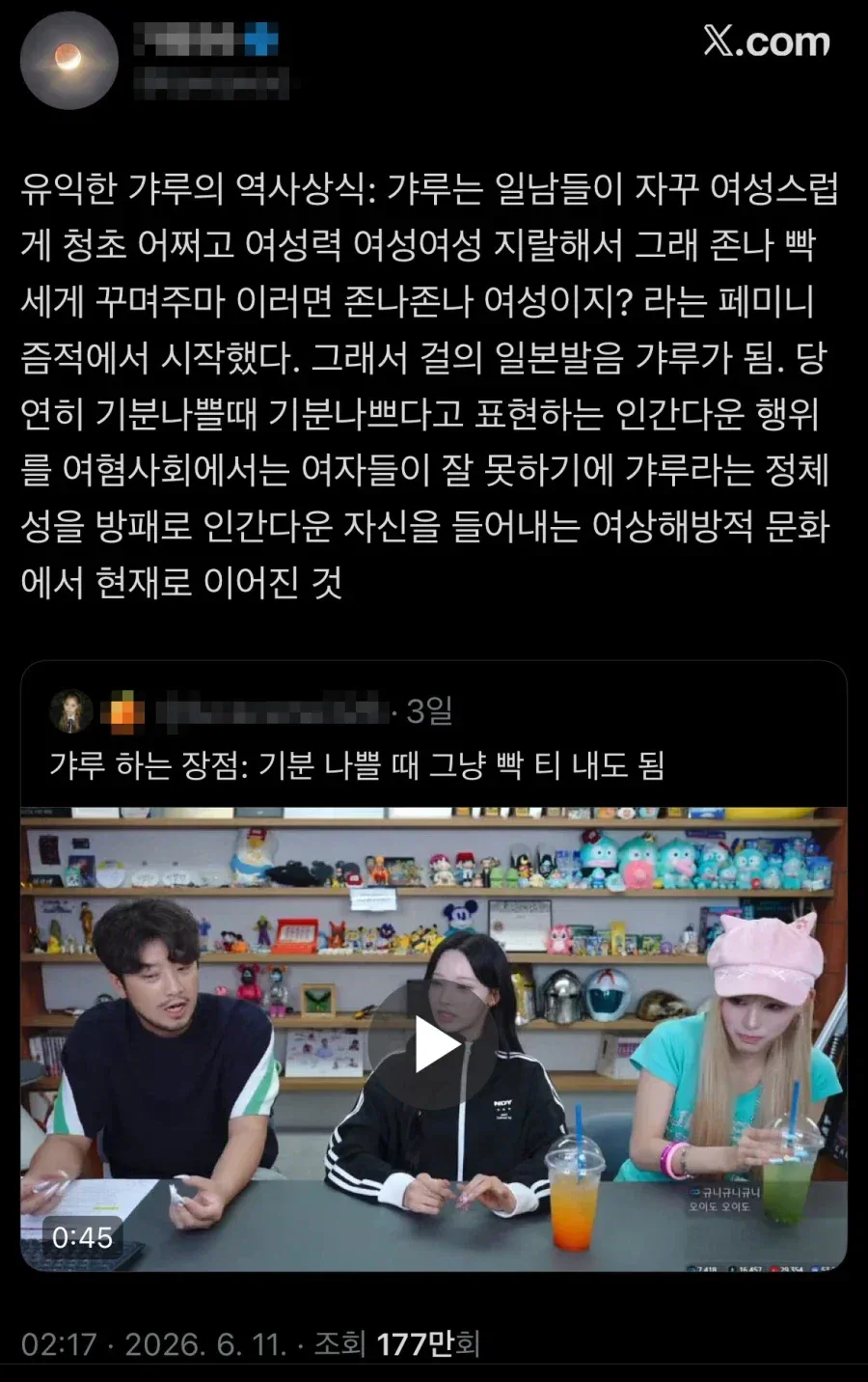 리센느(갸루)에 페미 묻히려는 근황