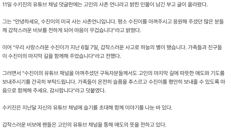 '레드벨벳 슬기 사촌동생' 유튜버 수키진, 사고로 사망...향년 30세