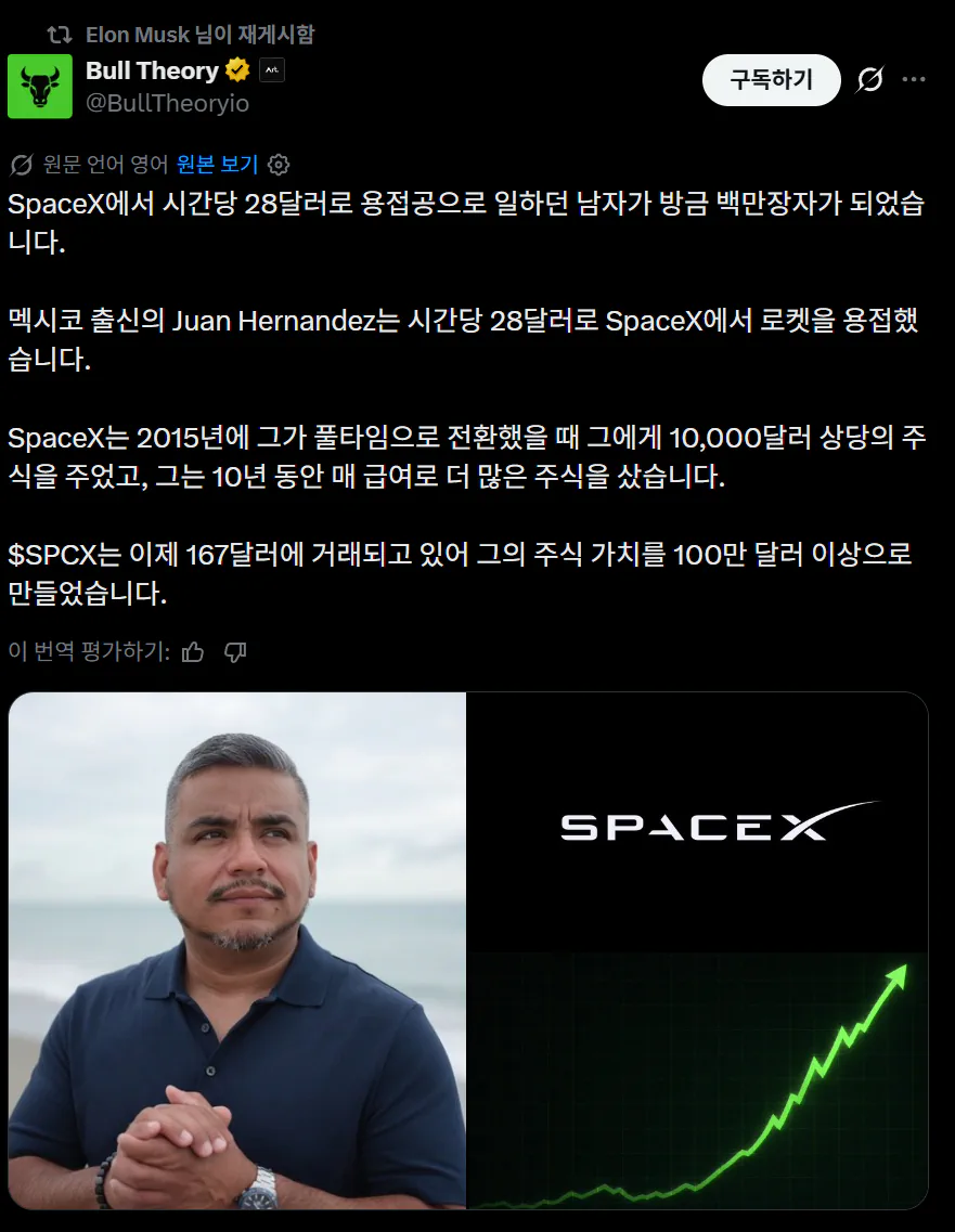 SpaceX에서 시간당 28달러로 용접공으로 일하던 남자가 방금 백만장자가…