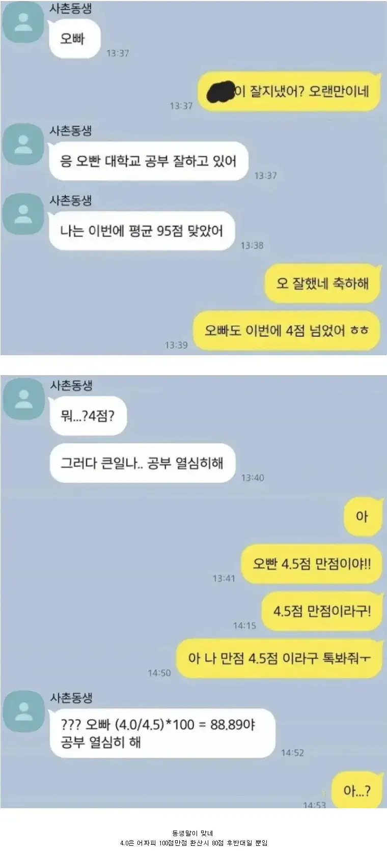 학점 4.0이 망한 점수인 줄 아는 고딩 사촌동생