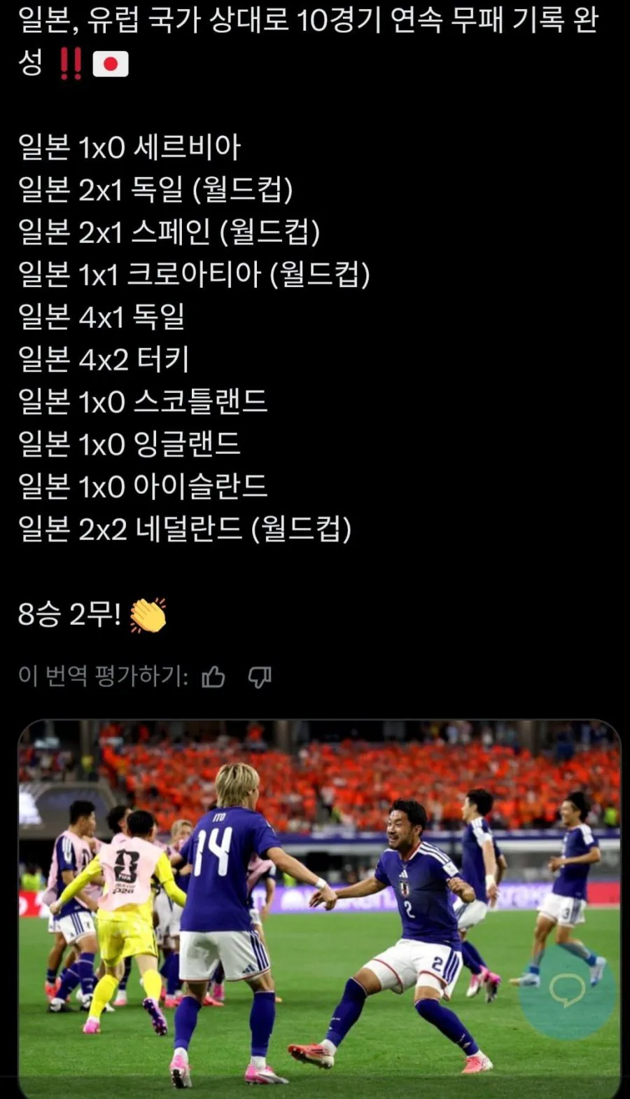 최근 미쳐버린 일본의 유럽팀 상대 전적 ㄷㄷ ㄷㄷ ㄷㄷ ㄷㄷ.JPG