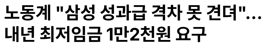노동계 “”””삼성 성과급 격차 못 견뎌”””” 내년 최저임금 1만2천원 요…