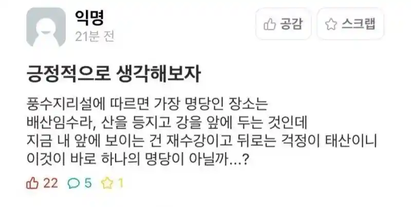 배산임수 지역을 발견한 대학생