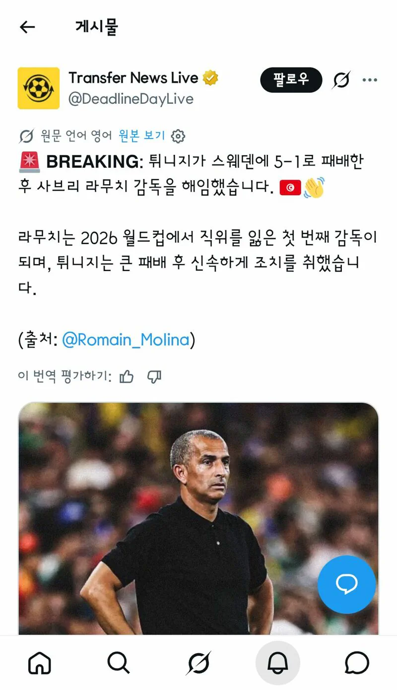 스웨덴에게 대패당한 튀니지 감독 경질