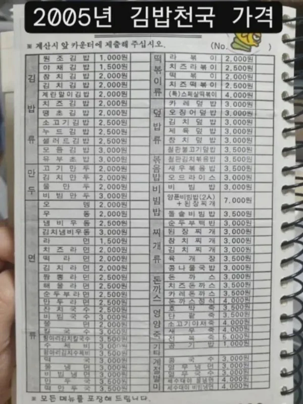 2005년 김밥천국 가격 ㄷㄷㄷ.jpg