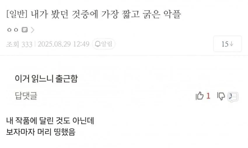 내가 봤던 것 중에 가장 짧고 굵은 악플