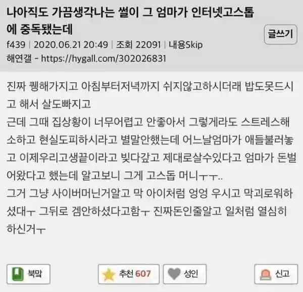 훌쩍훌쩍 엄마 인터넷 고스톱썰