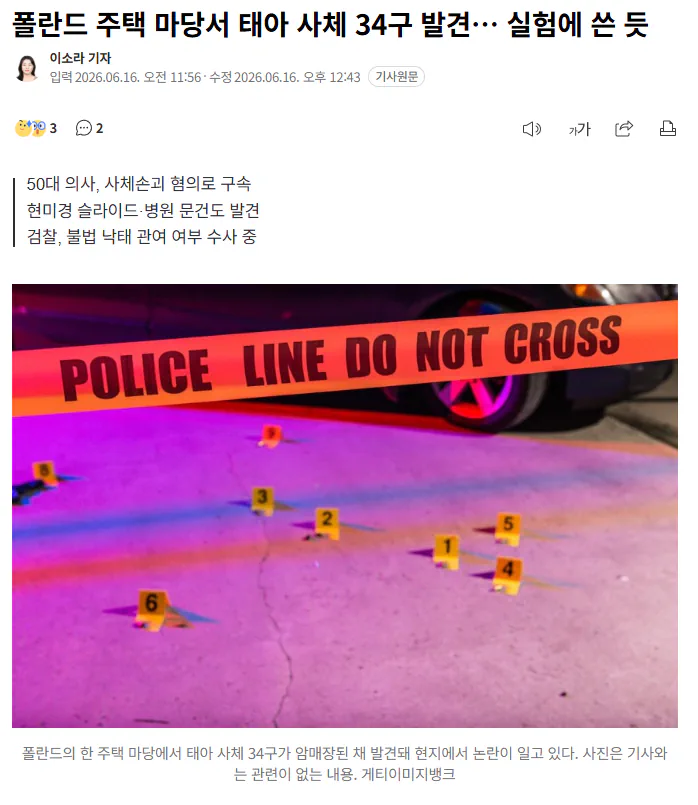 폴란드 주택 마당서 태아 사체 34구 발견… 실험에 쓴 듯