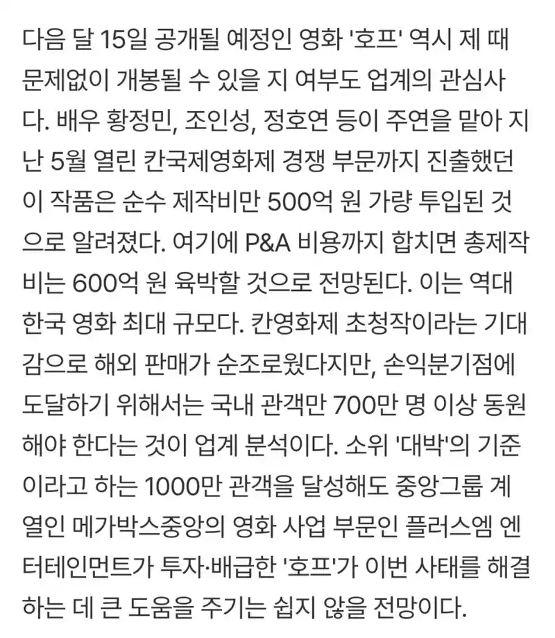영화 호프의 순익분기점 근황