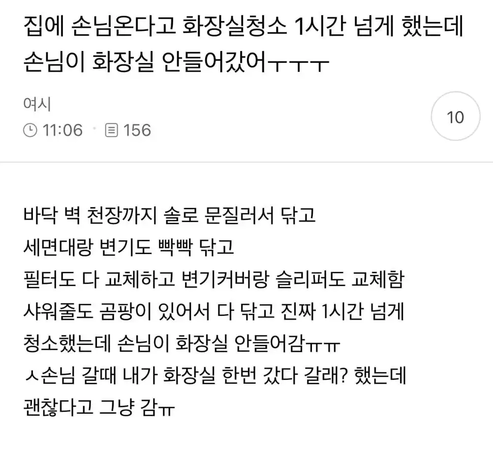 집에 손님 온다고 화장실 청소 1시간 넘게 했는데 손님이 화장실 안 들어갔어…