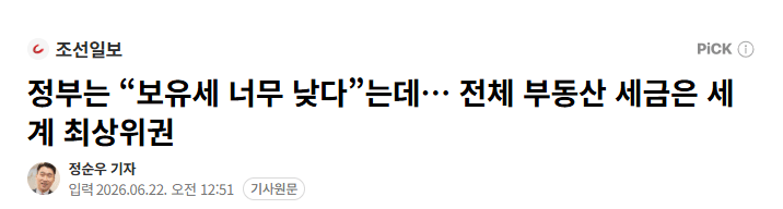 정부는 “보유세 너무 낮다”는데… 전체 부동산 세금은 세계 최상위권