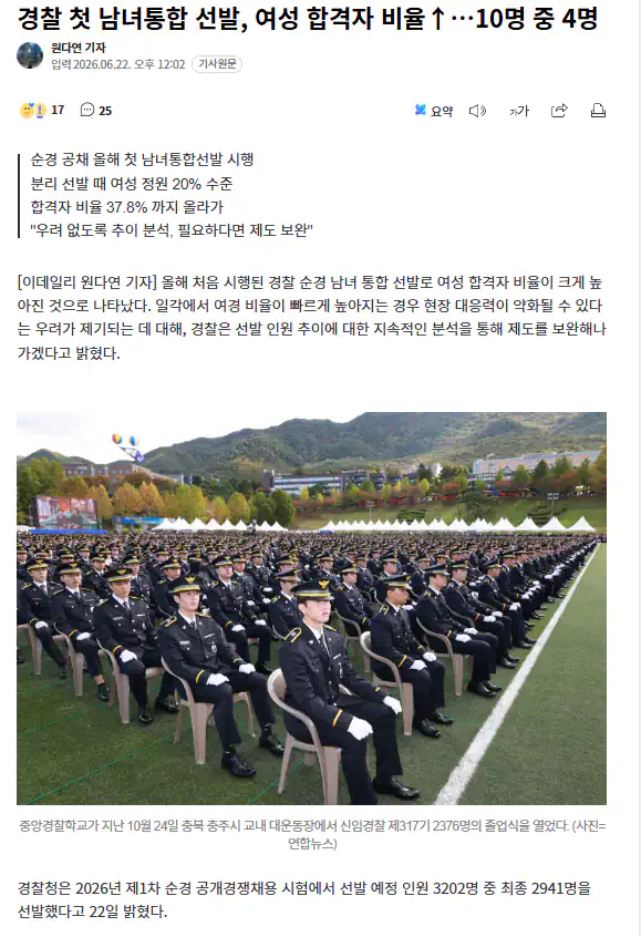 순경 첫 남녀통합 선발에 여성 37.8% 합격...'여성 과다' 우려도