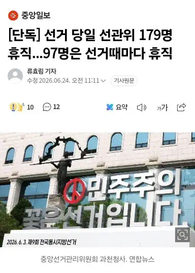 선거 당일 선관위 179명 휴직...97명은 선거때마다 휴직
