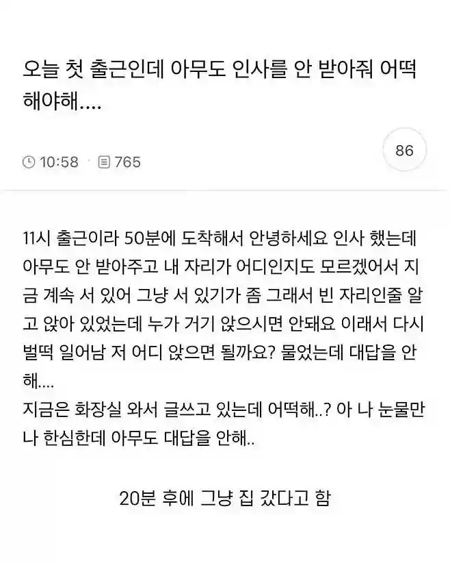 입사 20분만에 집에 가버린 신입