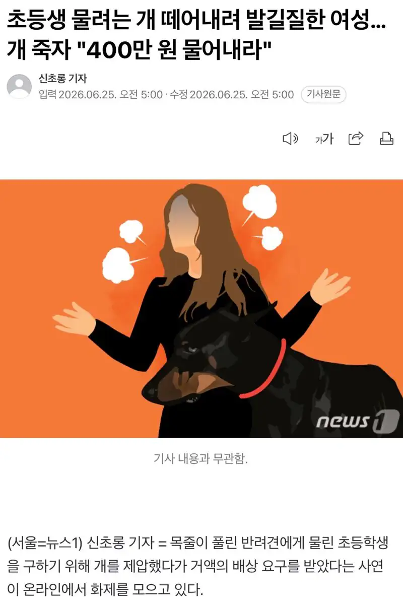 초등생 물려는 개 떼어내려 발길질한 여성…개 죽자 "400만 원 물어내라"