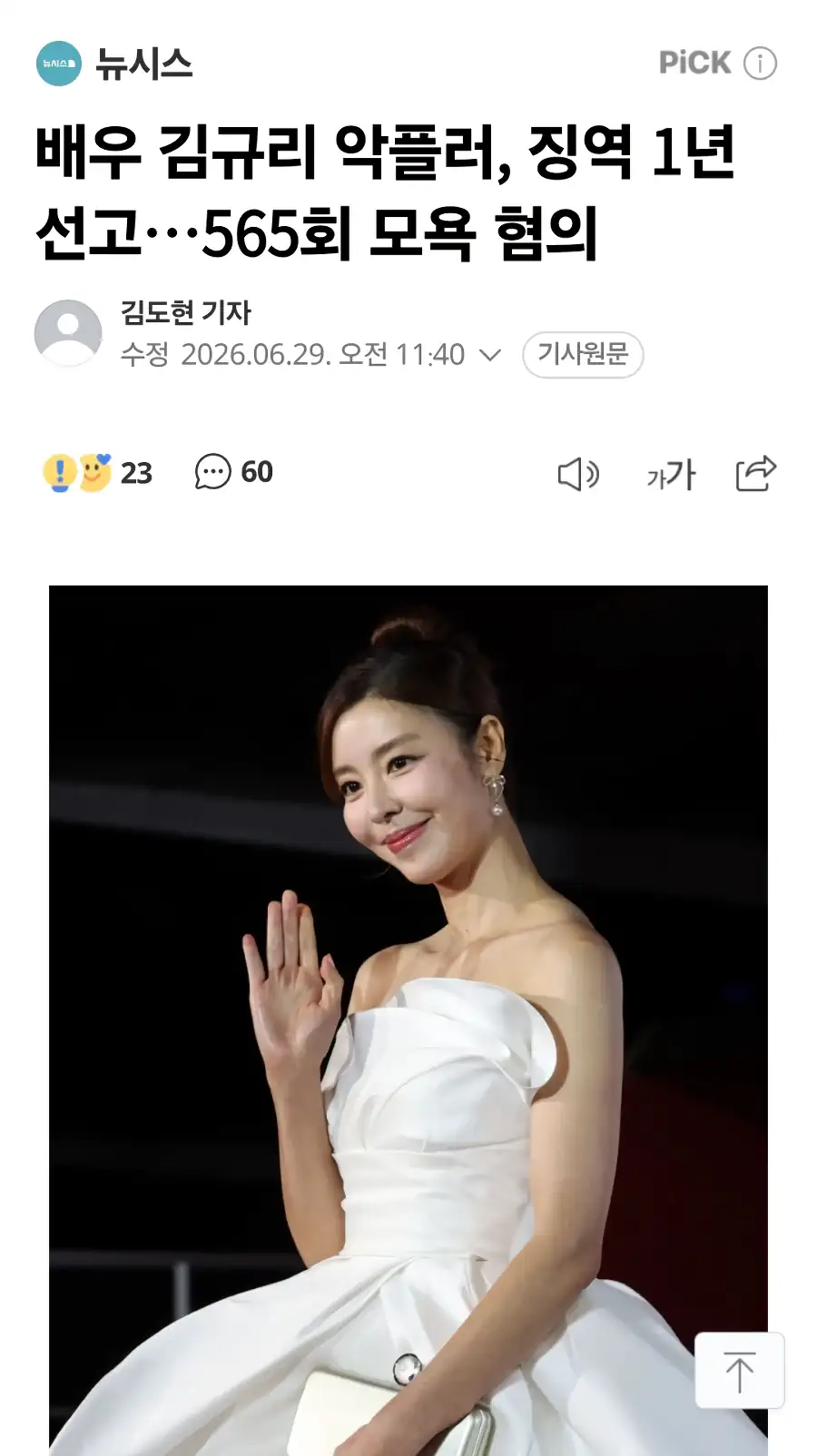 배우 김규리 악플러, 징역 1년 선고..565회 모욕 혐의