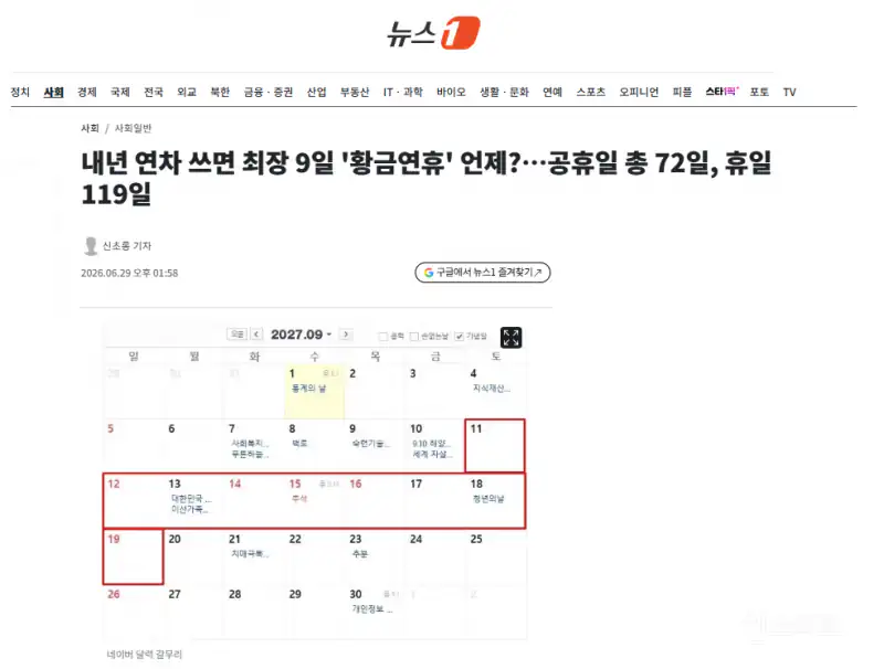 내년 연차 쓰면 최장 9일 '황금연휴' 언제?…공휴일 총 72일, 휴일 11…
