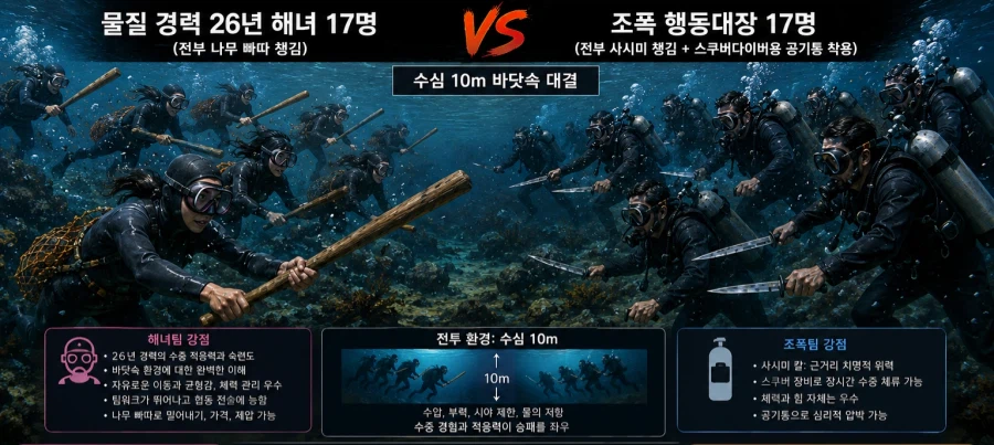 나무방망이 든 해녀 17명 vs 사시미 든 조폭 17명.jpg