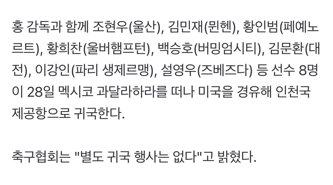 홍명보랑 같이 귀국 하는 선수 명단