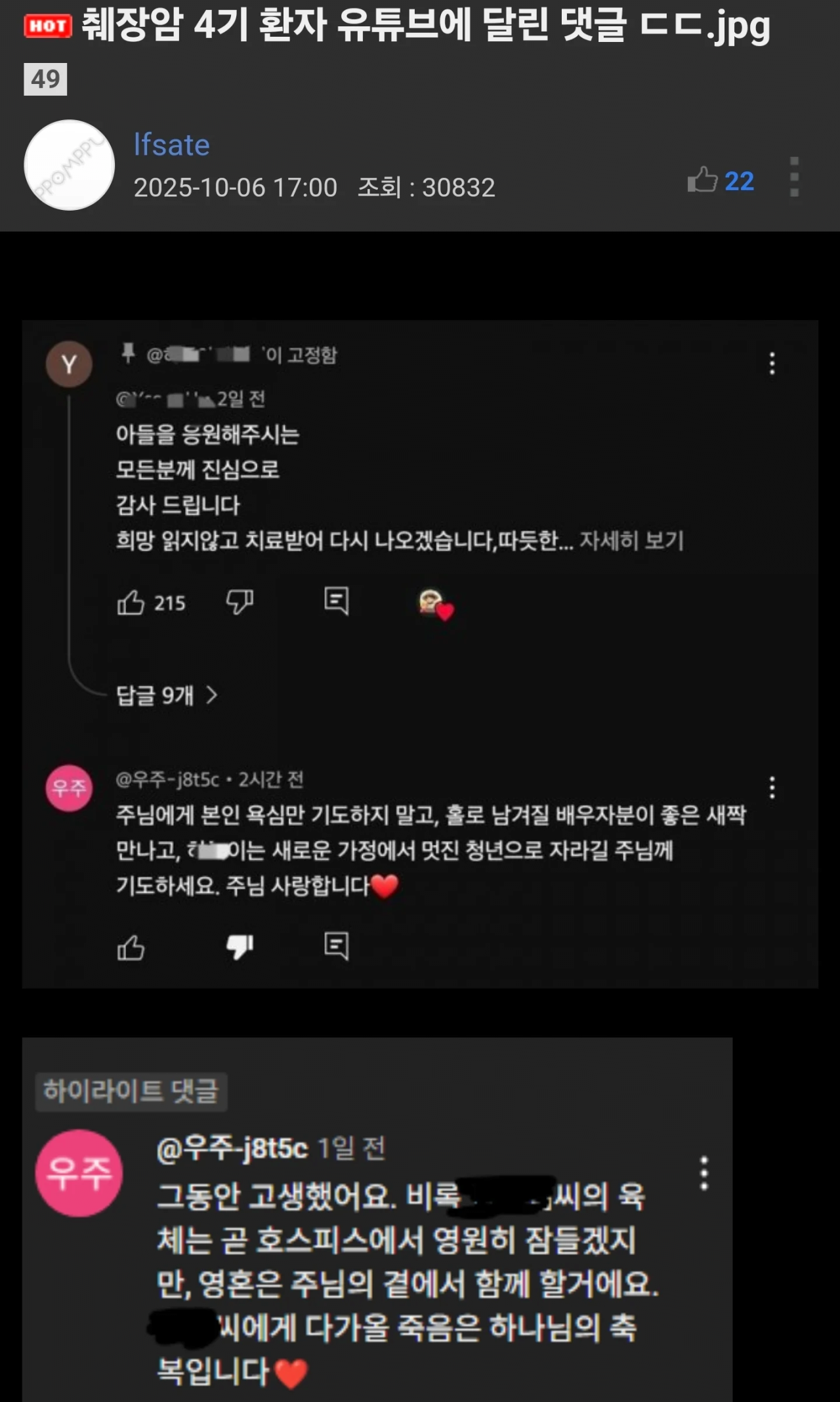 췌장암 4기 환자 유튜브에 달린 댓글 ㄷㄷ.jpg