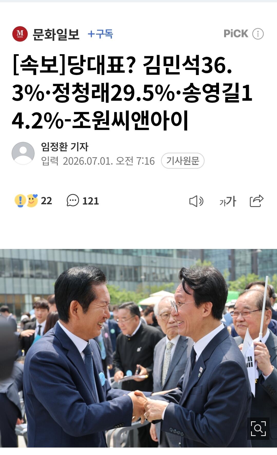 당대표? 김민석36.3%·정청래29.5%·송영길14.2%-조원씨앤아이