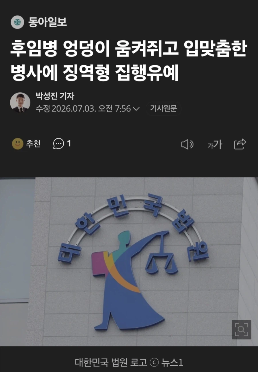 후임 엉덩이 움켜쥐고 뽀뽀한 용사, 집행유예