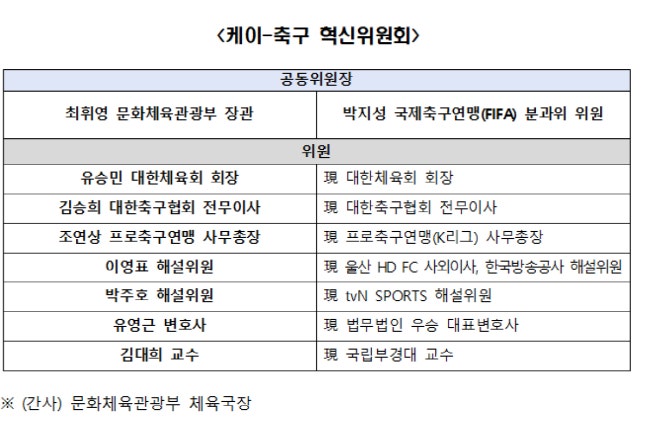 축구혁신위 6일 출범…최휘영 장관·박지성 공동위원장
