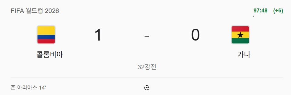경기 종료!! 콜롬비아가 아리아스의 선제골을 지키며 가나에게 1-0으로 승리…
