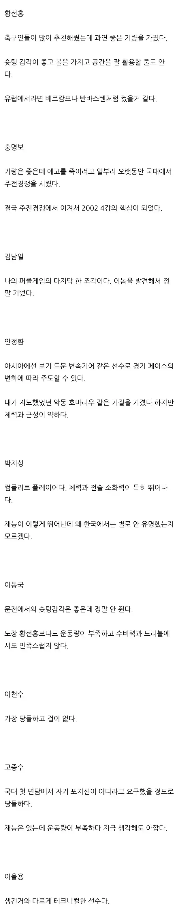 히딩크의 2002 국대 평가