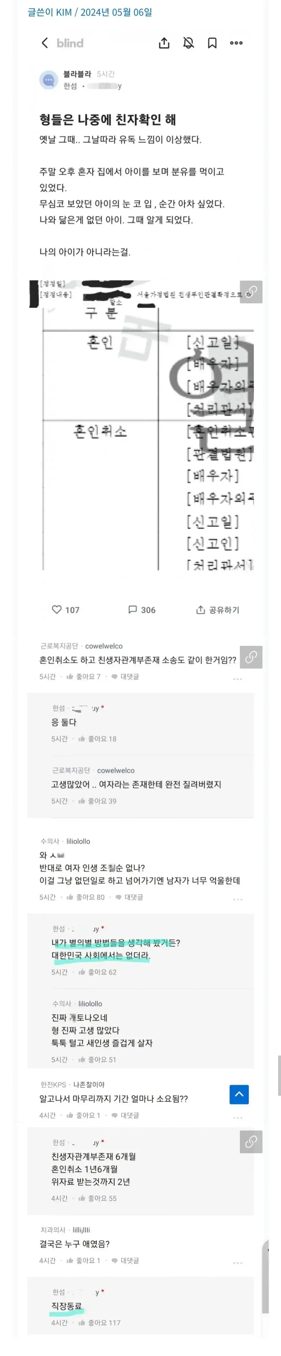 친자확인후 혼인취소한 블라인