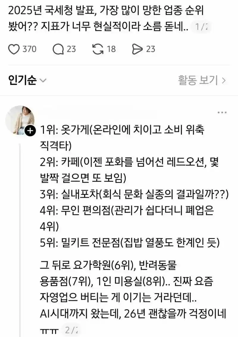 국세청에서 발표한 작년 많이 망했다는 업종