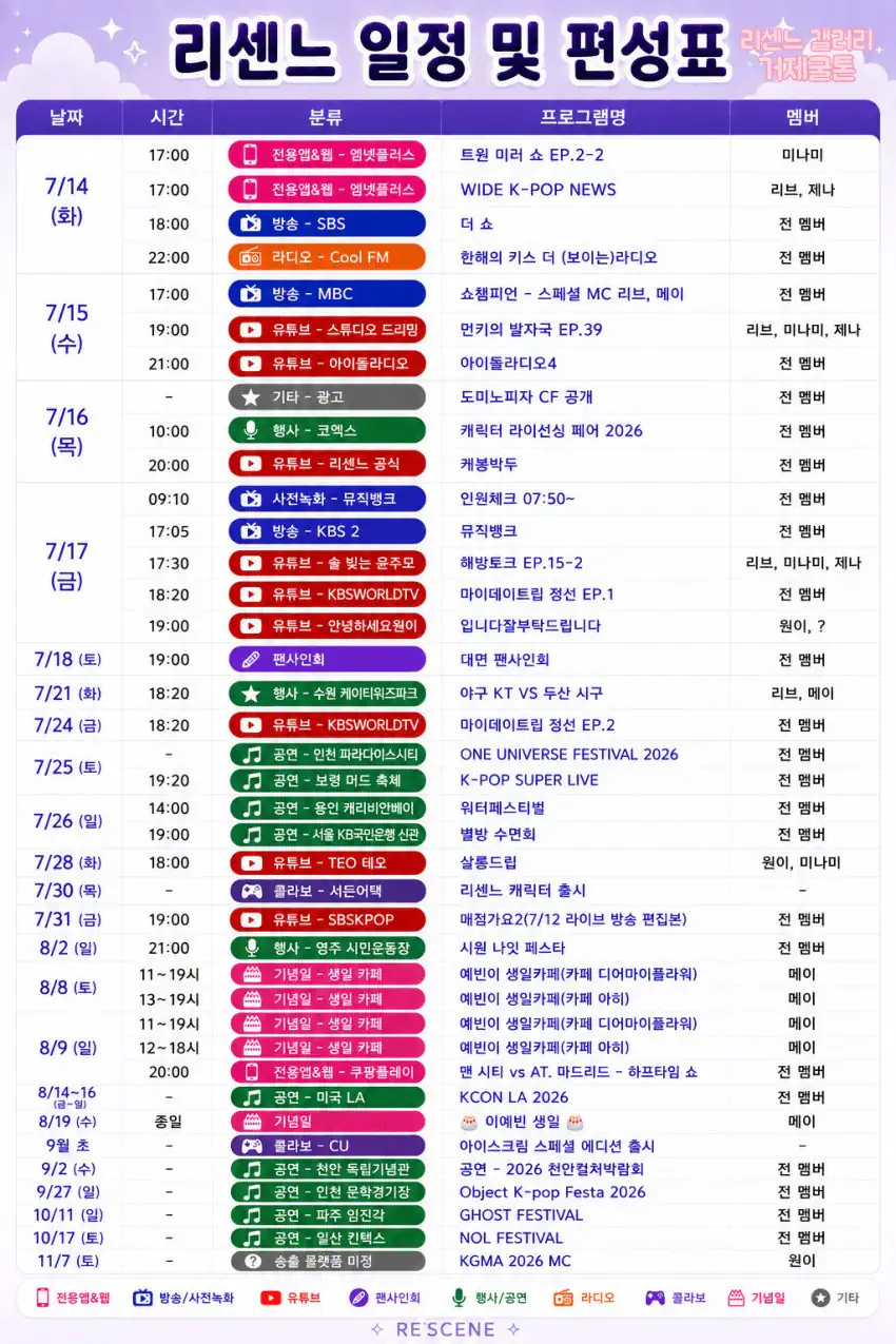 현재 리센느 스케줄이라고 하네요