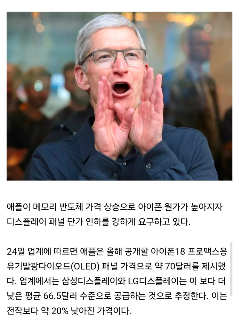 애플 "칩 값 올랐으니 디스플레이 공급가 20% 낮춰라" 삼성, LG에 요구