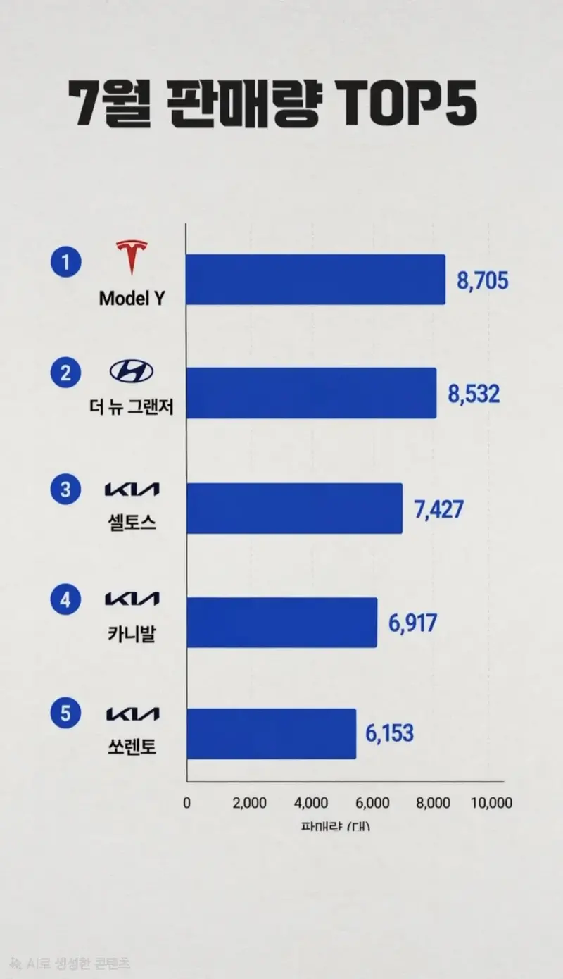 7월 한국 자동차 판매순위