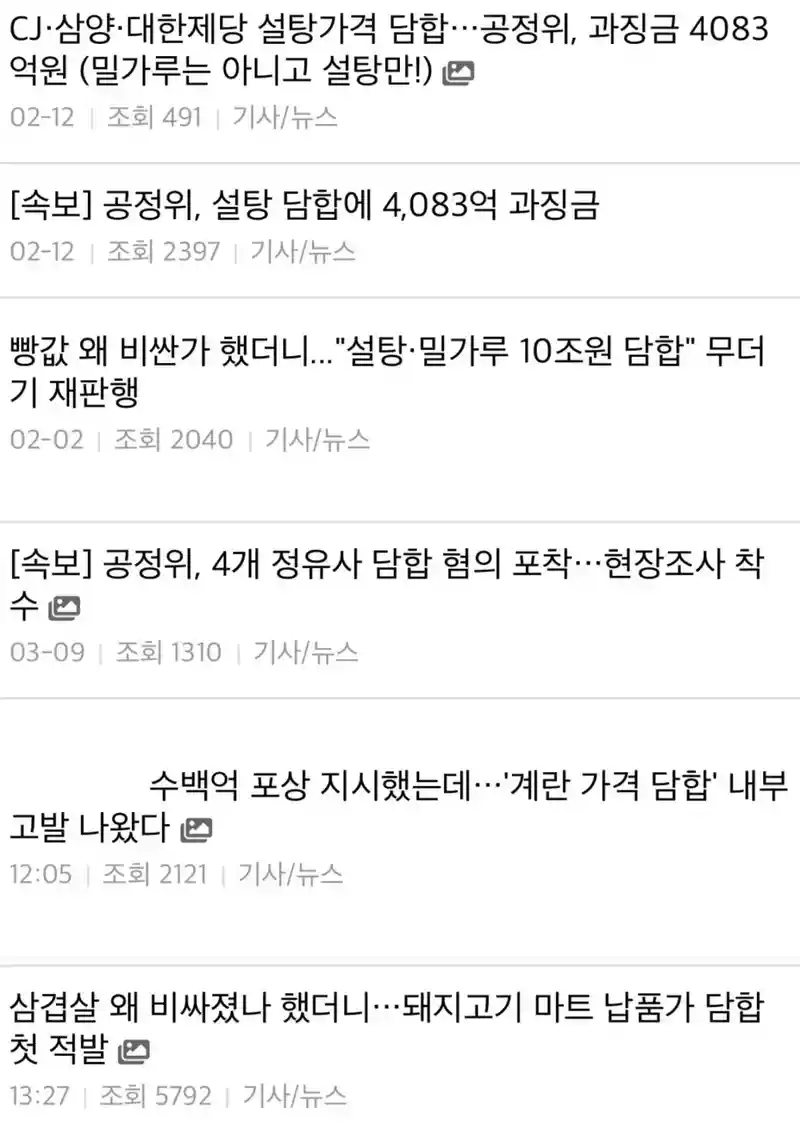 현재까지 밝혀진 담합 목록