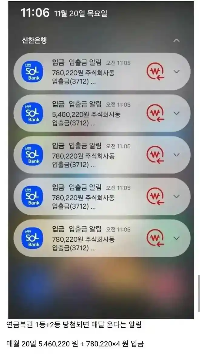연금복권 당첨자가 매달 받는다는 알림