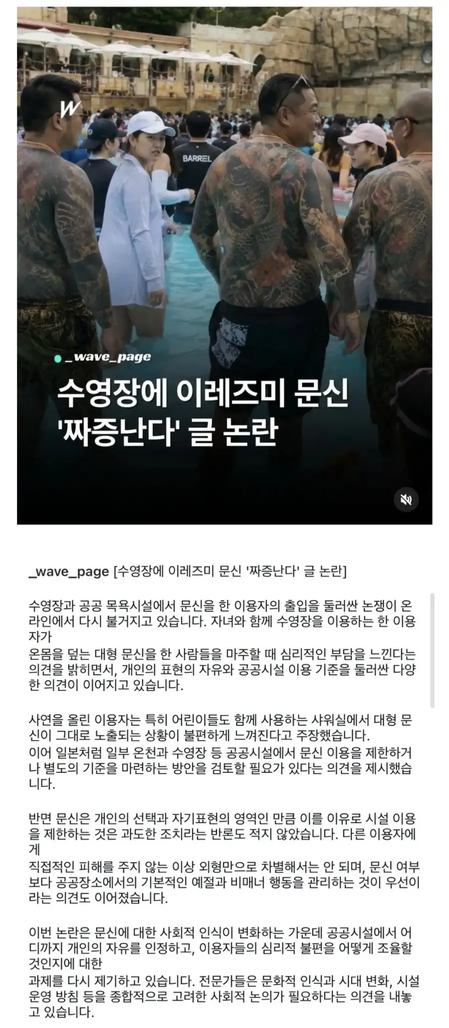 수영장에 문신 짜증난다 글 논란
