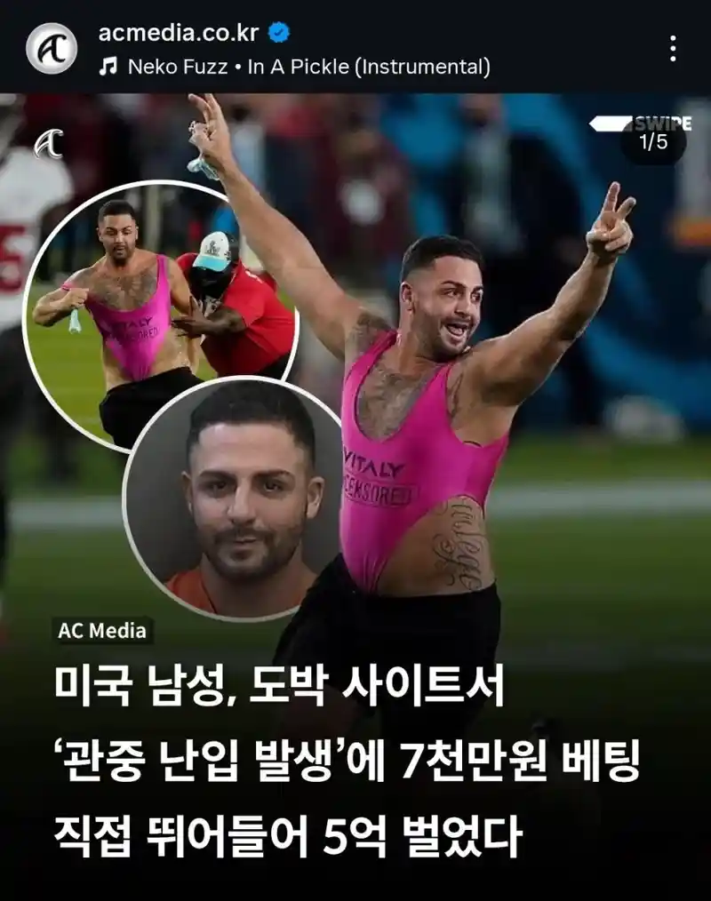 약혐) 도박 사이트에 관중 난입 발생 시 7천만원 베팅한 사람 ㄷㄷㄷ