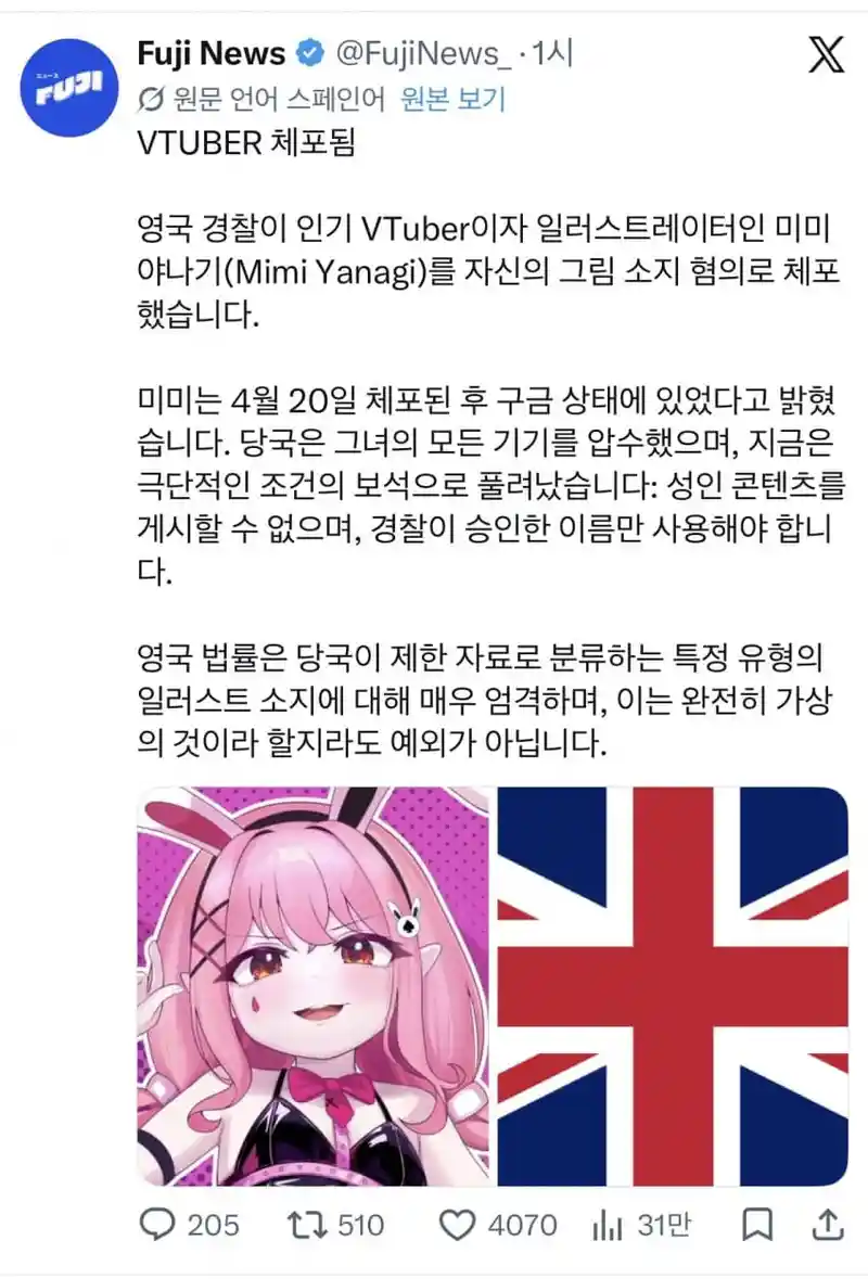영국 버튜버가 체포된 이유