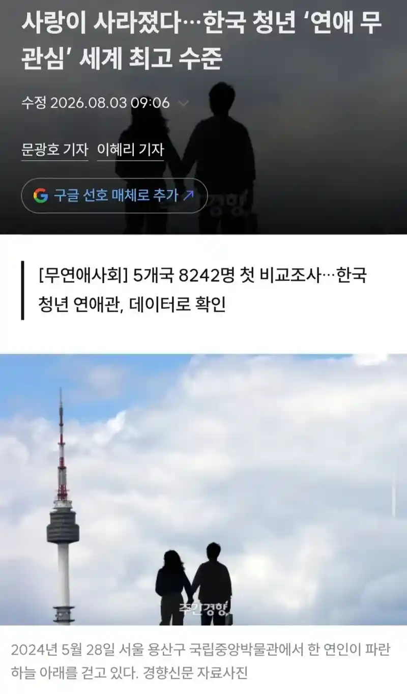 한국 청년들 ‘연애 무관심’ 세계 최고 수준 ㄷㄷ.jpg