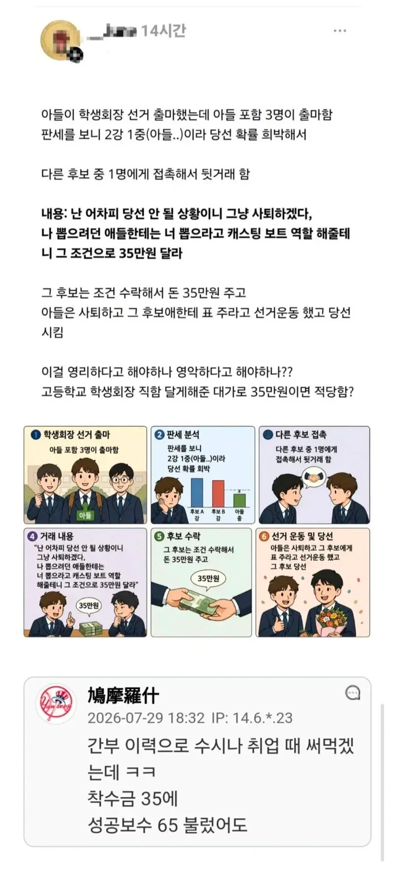 35만원 받고 학생회장 후보 사퇴한 고딩 아들