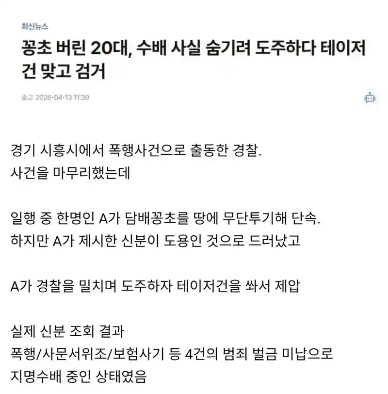 담배꽁초 버렸다가 테이저건 맞은 20대