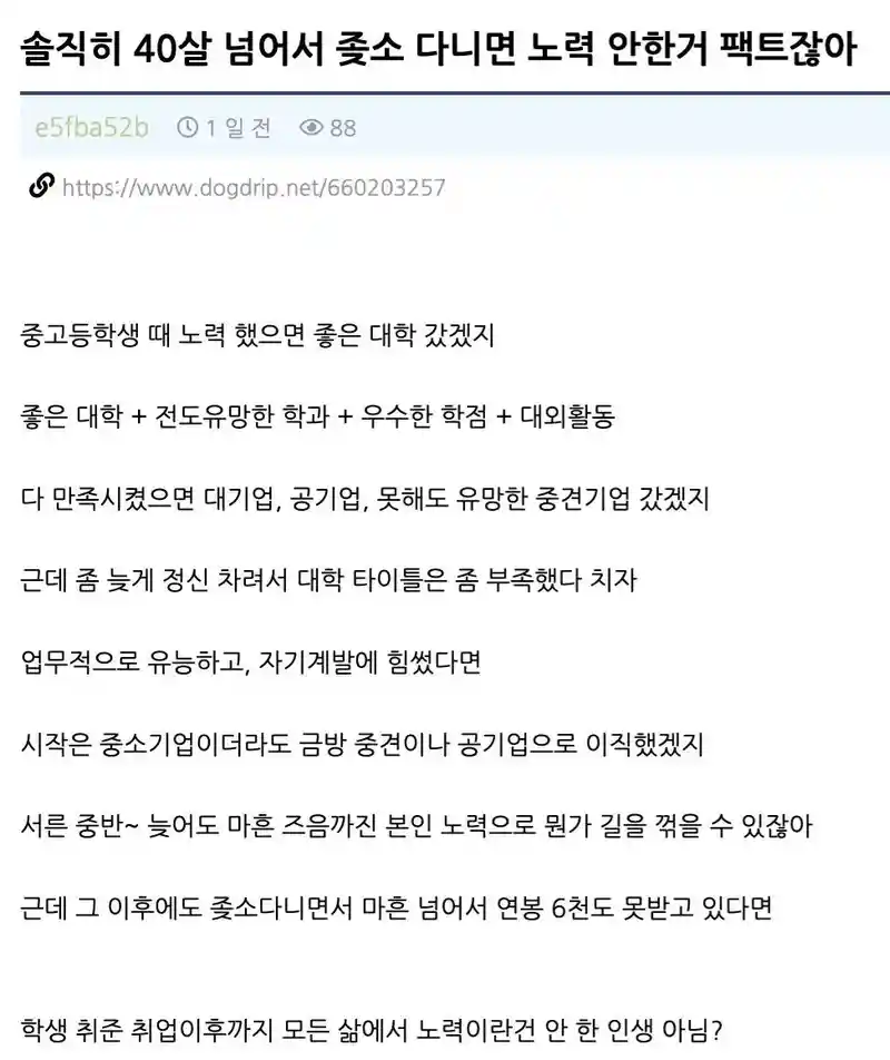 솔직히 40살 넘어서 좆소 다니면 노력 안한거 팩트잖아