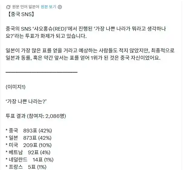중국인이 생각하는 가장 나쁜 나라